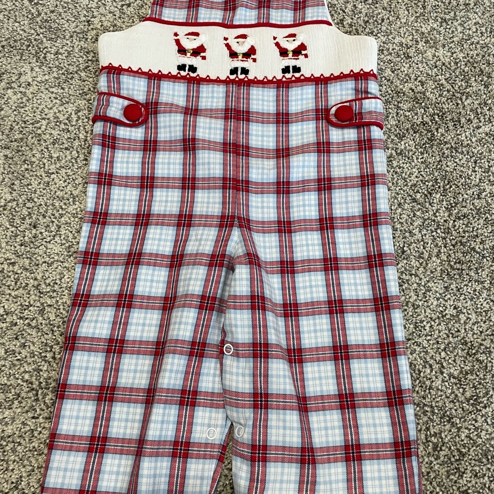 Plaid Romper with Santa Embroidery